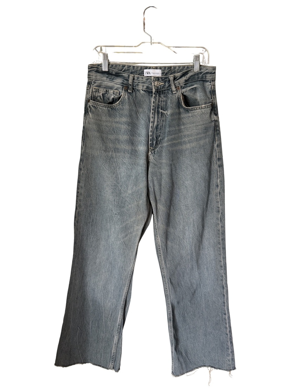 Zara Washed Blue/Gray Relaxed Frayed Hem Jeans